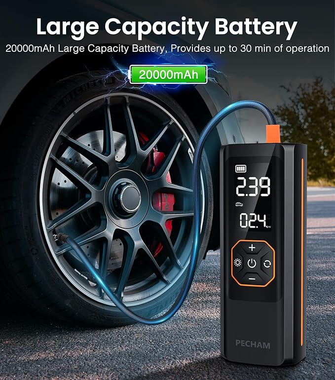 PECHAM Tire Inflator Portable Air Compressor, USB 5V 20000mAh Battery 160PSI - Image 3