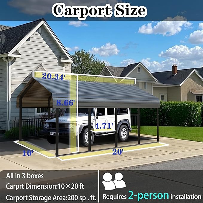 Heavy Duty Metal Carport 10x20 ft Galvanized Steel Carport Shelter - Image 2