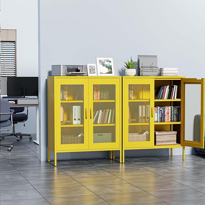 Metal Storage Cabinet with Mesh Doors, Steel Display Cabinet with Adjustable - Image 2