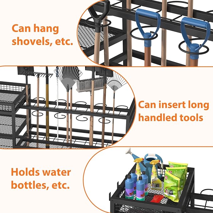 Garden Tool Organizer with Wheels-Movable Garden Tool Rack with Storage Hooks - Image 5