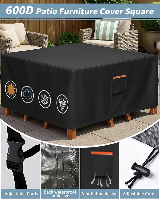 Outdoor Waterproof Furniture Cover, 94W x 94L x 28H inches Heavy Duty 600D - Image 5