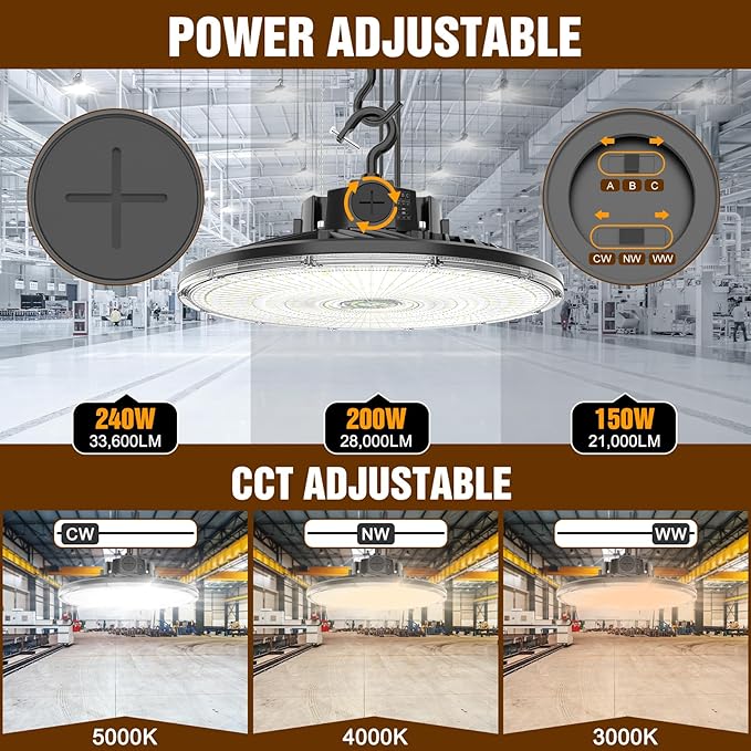 480V UFO LED High Bay Light 240W 200W 150W Adjustable, UL DLC Listed Dimmable - Image 3