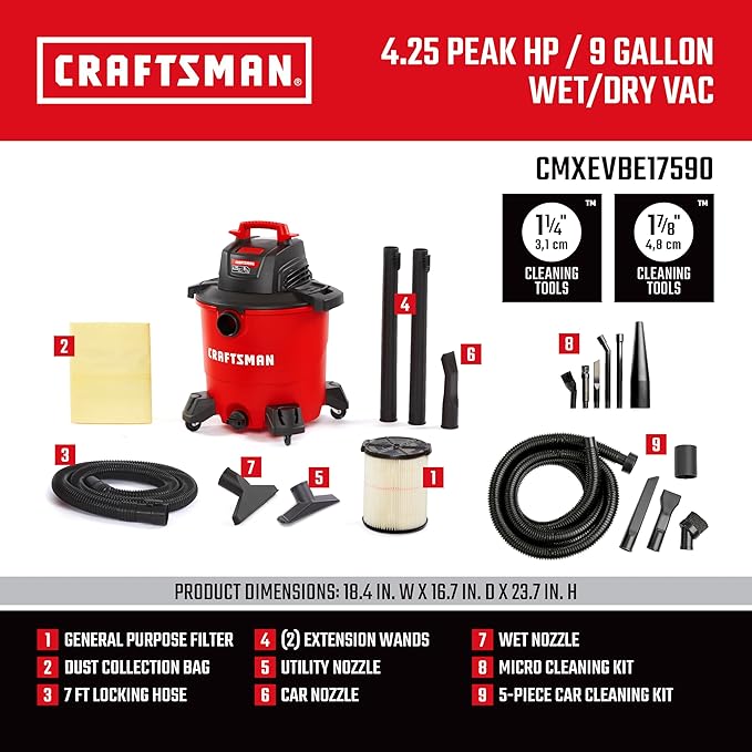 CRAFTSMAN CMXEVBE17590 9 Gallon 4.25 Peak HP Wet Dry Vac, Portable Shop Vacuum - Image 5