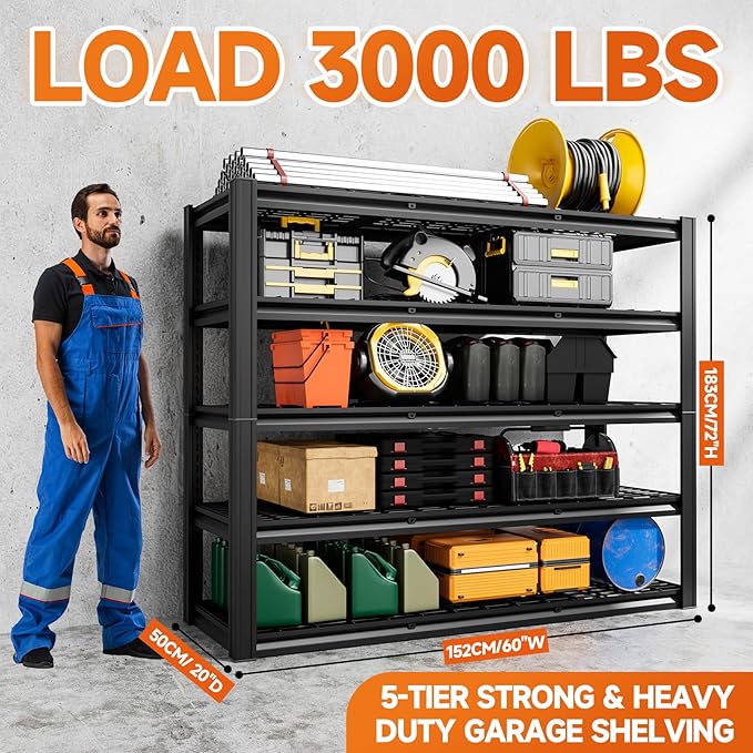 5-Tier 60" W x 20" D x 72" H Garage Shelving 30000LBS Heavy Duty Adjustable - Image 3