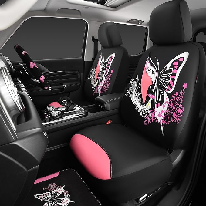 CAR PASS Pink Leather & Gaberdine Butterfly Car Seat Covers Full Set - Image 2