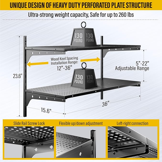 2 Tier 1.3x3ft Garage Shelving Wall Mounted, 400 lbs Load Capacity, 15.6x36inch - Image 3