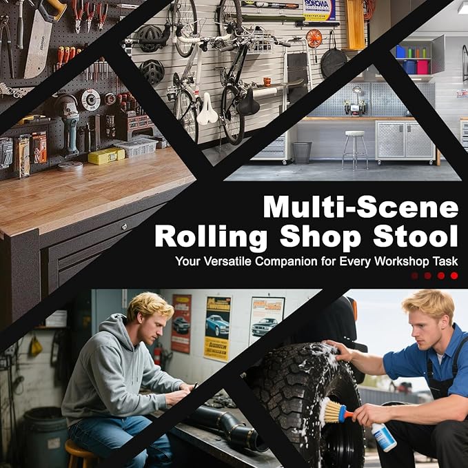 Rolling Shop Stool with Wheels, Garage Mechanic Shop Chair with Handle Backrest - Image 9