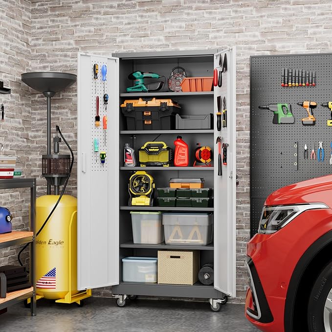 Metal Garage Cabinet with Wheels and Pegboard 71'' x 32'' x 16'', Lockable - Image 8