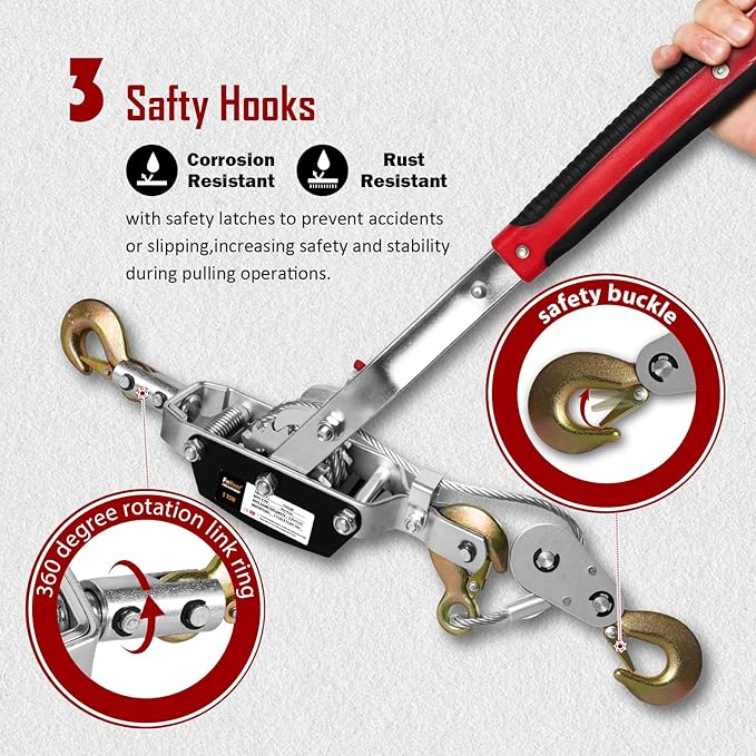 Come Along Winch 5T Pulling Capacity 11.5FT Steel Cable 3 Hooks Heavy Duty - Image 3