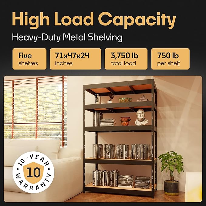 Storage Shelves: 5 Storage Shelves Heavy Duty w/ 3, 750 lb Total Load Capacity - Image 3