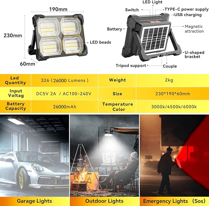 300W Led Work Light Rechargeable, 26000MAh Solar Portable Light, 26000LM - Image 7
