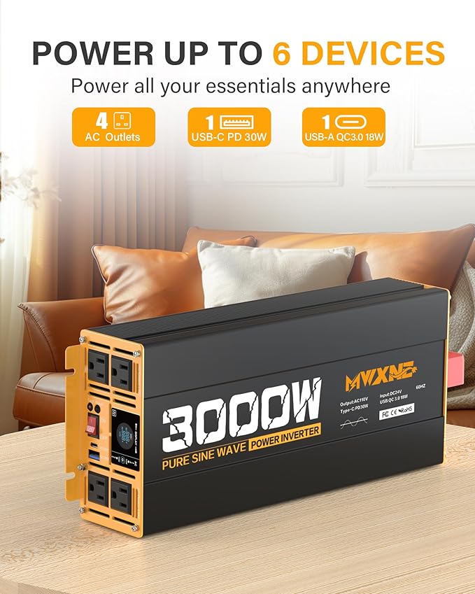 3000W Pure Sine Wave Inverter 24V DC to 110V 120V AC Converter - Image 2