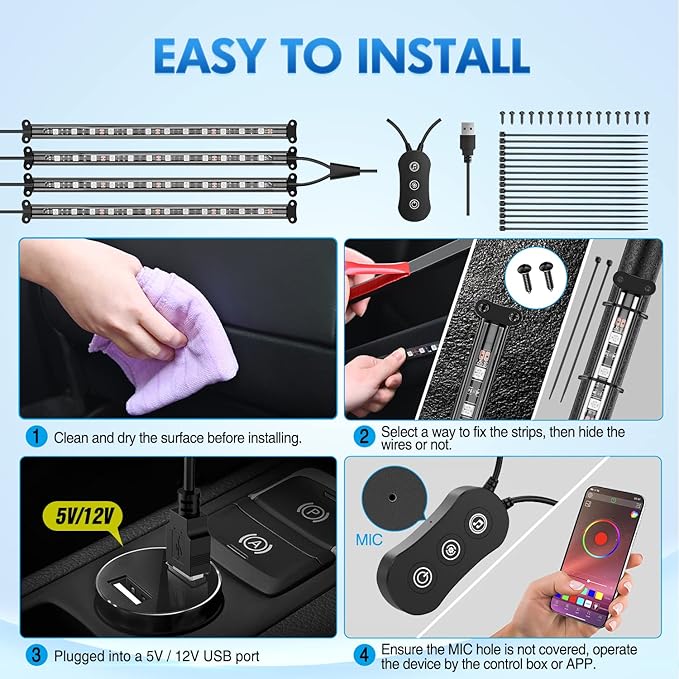 Nilight 4PCS USB Interior Car Lights 48 LEDs RGB LED Strips Lights - Image 5