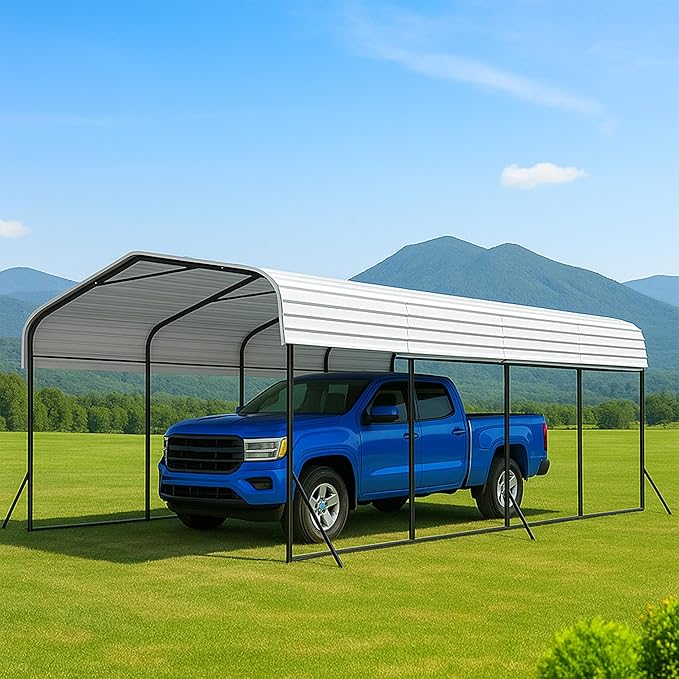 12x20 Metal Carport with Base Fixings Heavy Duty Garage Outdoor Chrome Plated by ZYNFYLUS