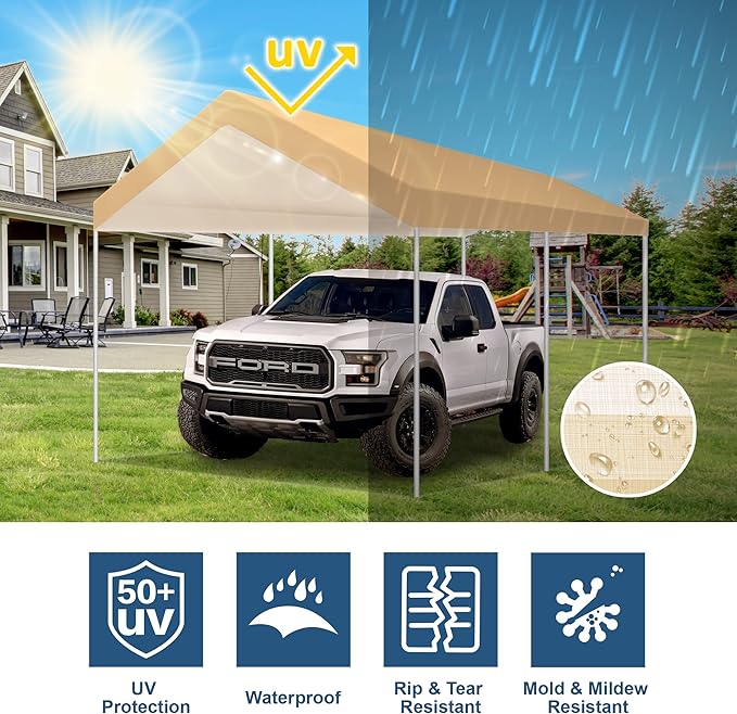 10'x20' Upgraded Carport Replacement Top Canopy Cover Beige - Image 3