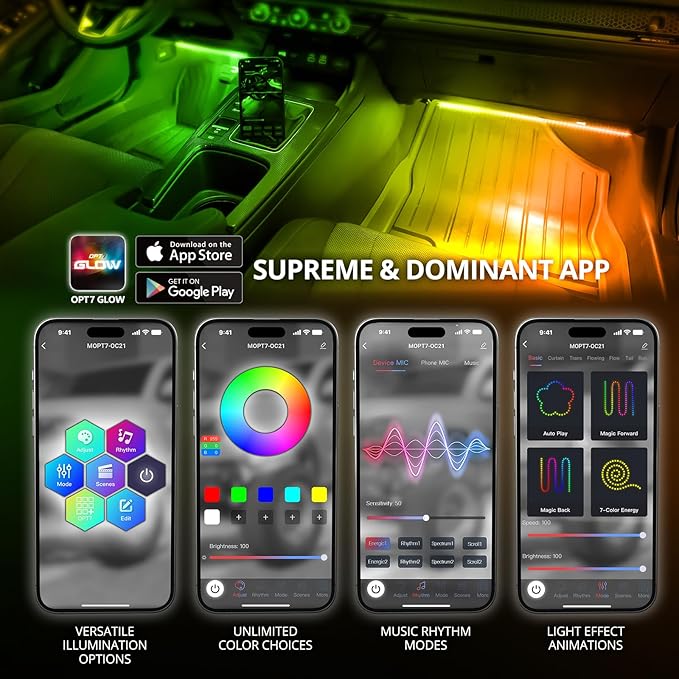 OPT7 Aura DreamColor Interior Light Strips, Underdash Ambient Lighting Universal - Image 2