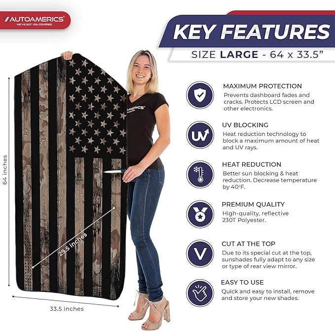 Autoamerics 1-Piece Windshield Sun Shade Brown Camo American Flag USA Design - Image 2