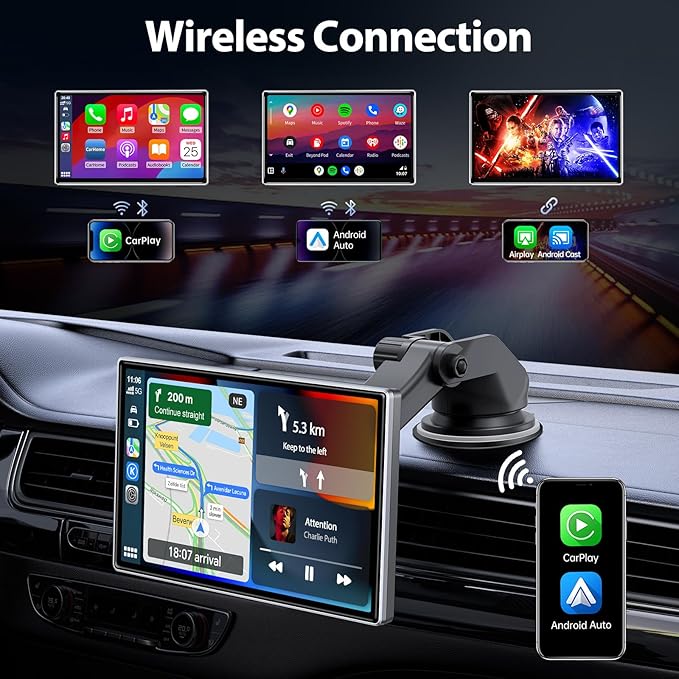 Upgrade Wireless Carplay Screen, Android Auto, Portable 7" HD IPS Screen - Image 2