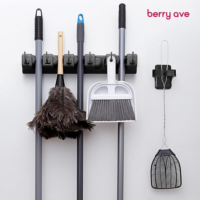 Combo 5 Slot Broom Holder w/ 1 Self Adhesive Mop Gripper No-Drilling, Wall - Image 9