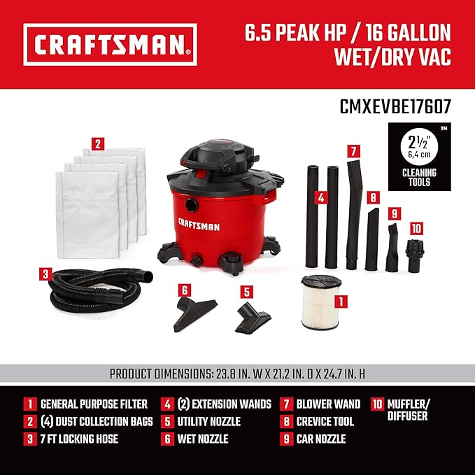 CRAFTSMAN CMXEVBE17607 16 Gallon 6.5 Peak HP Wet Dry Vac - Image 3