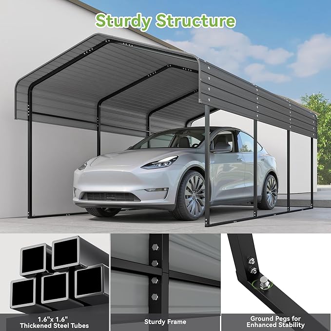 Real Relax 10x15FT Heavy Duty Metal Carport, Outdoor Carport Canopy - Image 4