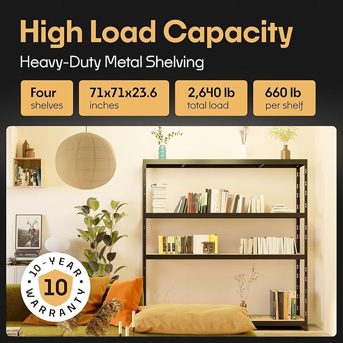 Storage Shelves: 4 Storage Shelves Heavy Duty w/ 2, 640 lb Total Load Capacity - Image 3