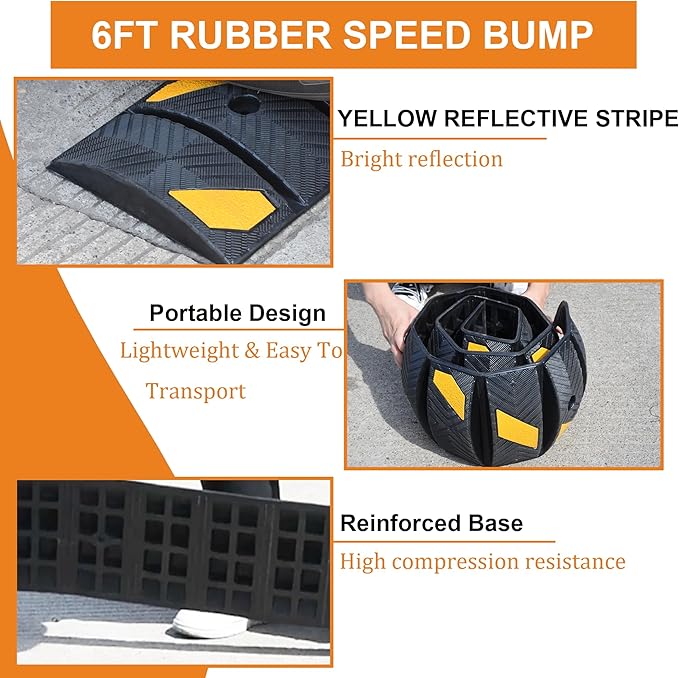 OrangeStar 6Ft Portable Rubber Speed Bump, Heavy Duty Speed Hump w/Reflective - Image 3