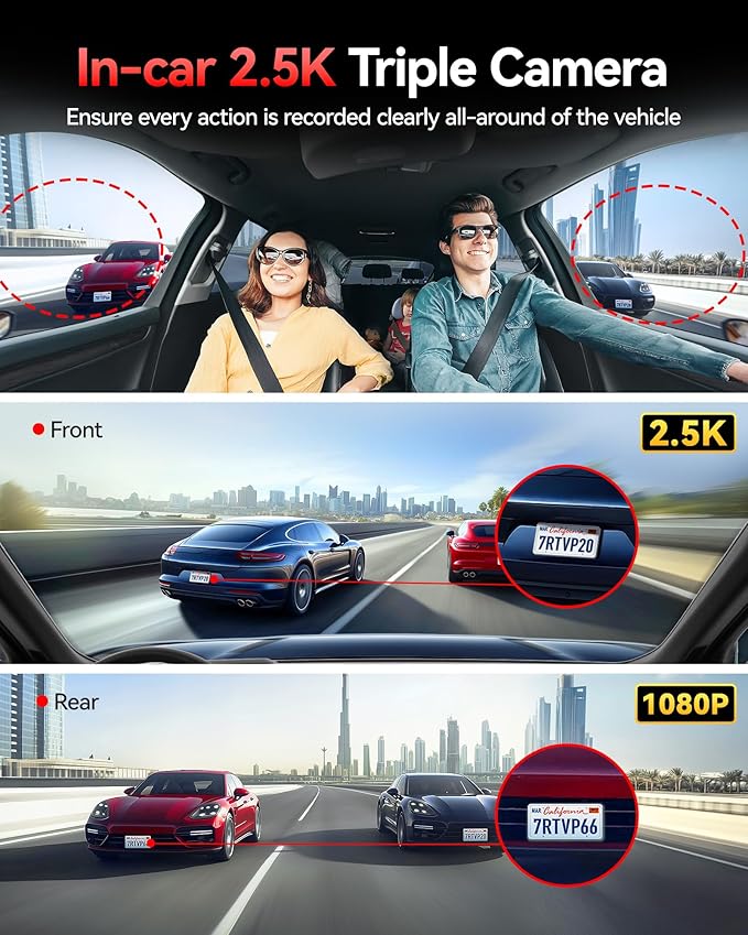 REDTIGER 530° Dash Cam 3 Channel, 2.5K+2.5K+1080P Triple Car Camera - Image 3
