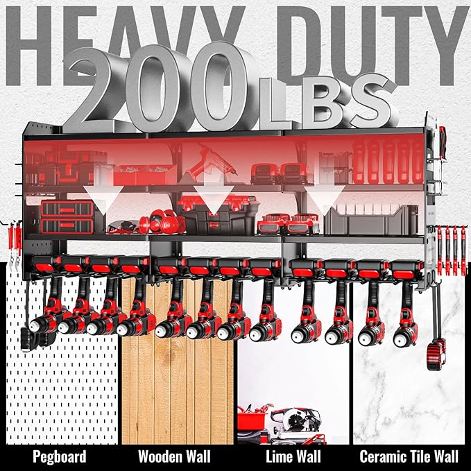Large Power Tool Organizer Wall Mount-12 Drill Holder, Metal Heavy Duty Garage - Image 5