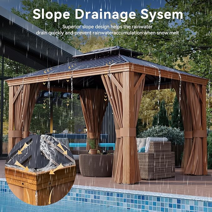 Aoxun 10' x 12' Hardtop Gazebo, Wooden Finish Coated Aluminum Frame Canopy - Image 4