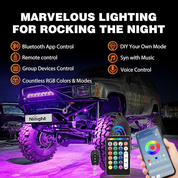 Nilight RGB LED Rock Lights Kit 12 PCS 18LED Wide Angle Wheel Well Light - Image 3