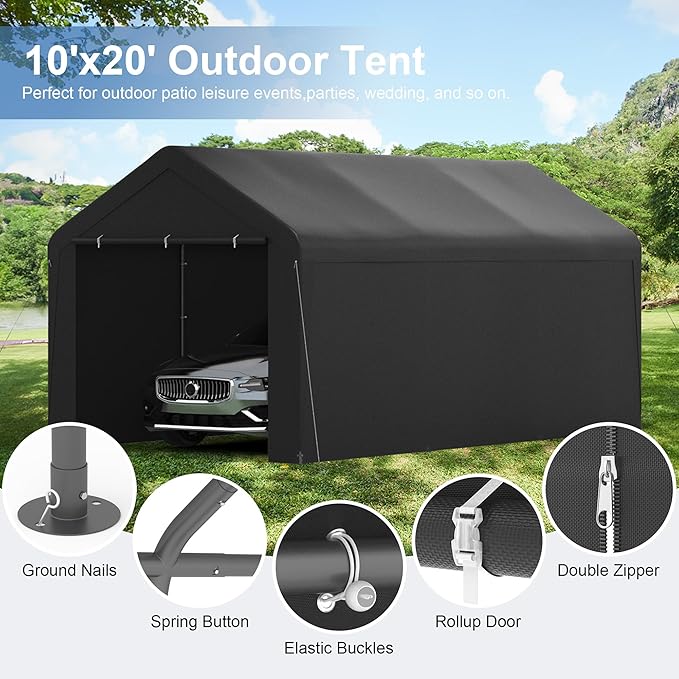 Carport, 10‘ x 20’ Heavy Duty Portable Garage All-Season Car Canopy w/Removable - Image 3