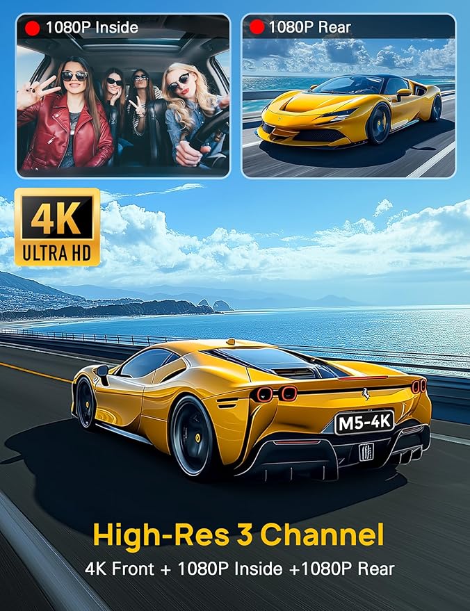 3 Channel 4K Dash Cam Front and Rear Inside, Built-in 5G WiFi, 4K+1080P+1080P - Image 2