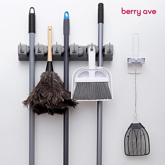 Combo 5 Slot Broom Holder w/ 1 Self Adhesive Mop Gripper No-Drilling, Wall - Image 9
