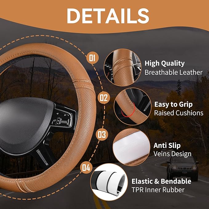 Car Pass Classical Leather Automotive Universal Steering Wheel Covers, - Image 3