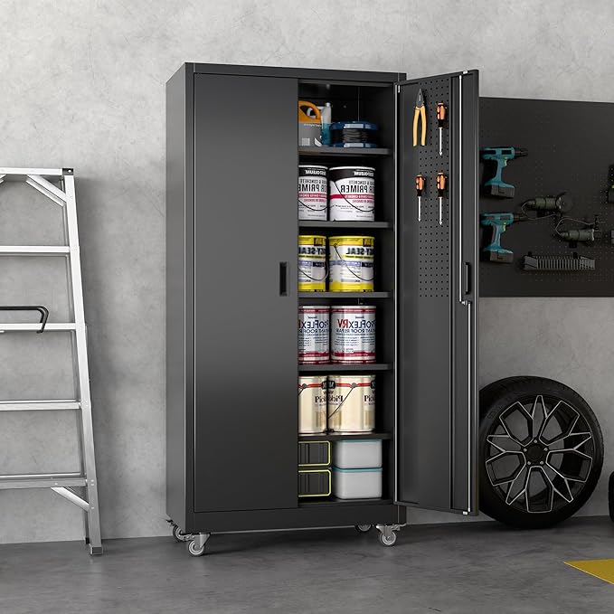 Metal Garage Cabinet with Wheels and Pegboard 71'' x 32'' x 16'', Lockable - Image 9
