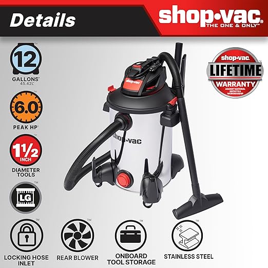 Shop-Vac 5761311 12-Gallon Wet/Dry Shop Vacuum, 6 Peak HP, 1.5 Inch Diameter x - Image 2