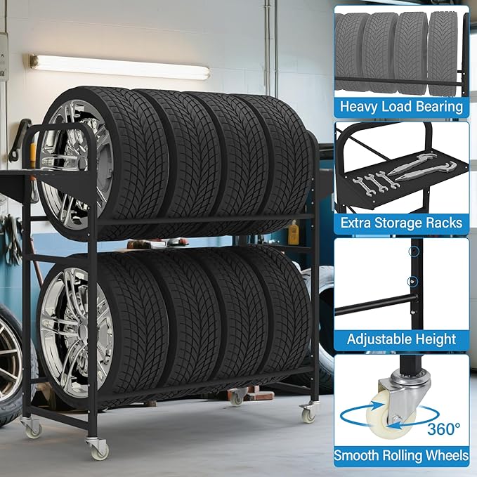 Tire Storage Rack 57" x 55.1" x 20" w/Anti-dust Cover, Adjustable Rolling Tire - Image 3