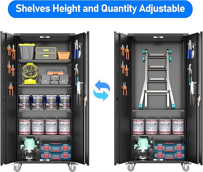 72" Metal Storage Cabinet with Wheels and Pegboard, Lockable Rolling Steel - Image 5
