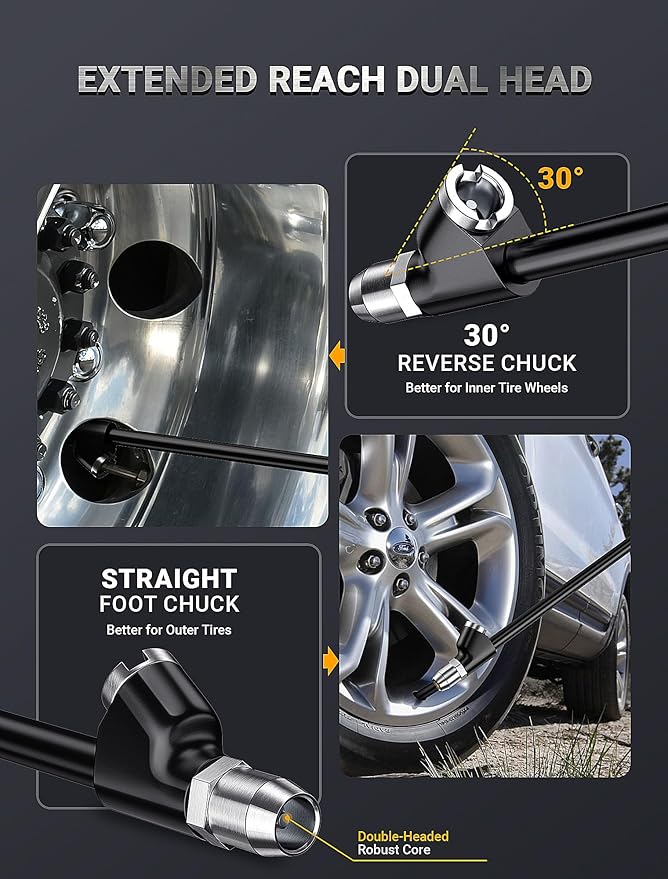 13'' Dual Head Air Chuck Set, Heavy Duty Extended Reach Tire Chuck w/Quick Plug - Image 3