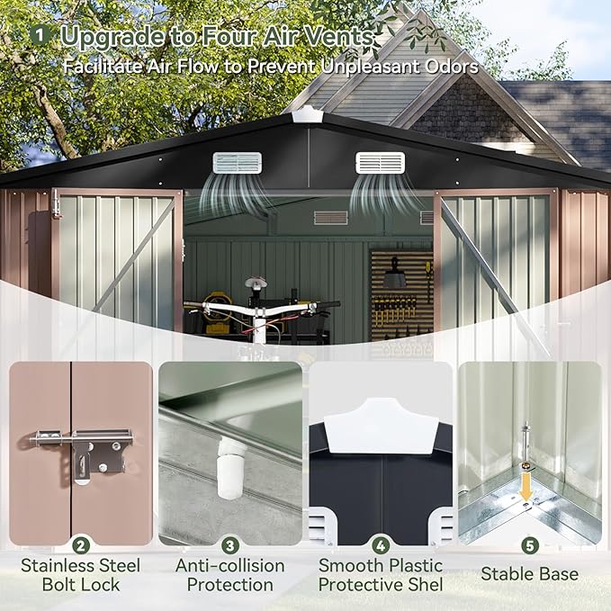 Aoxun 10x8.5 FT Outdoor Storage Shed Garden Metal Shed - Image 5