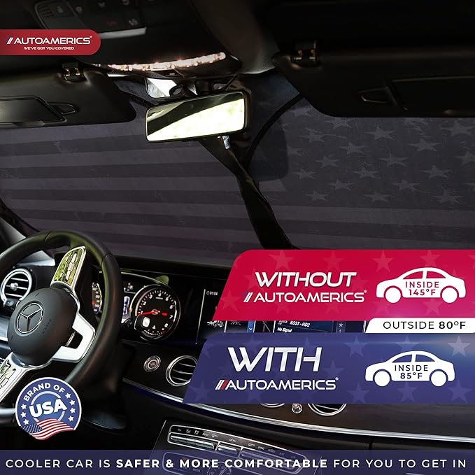 Autoamerics 1-Piece Windshield Sun Shade Grunge B&W American Flag USA Design - Image 7