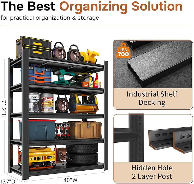 40" W Metal Garage Shelving Unit 3500LBS Metal Storage Shelves 5 Tier - Image 2