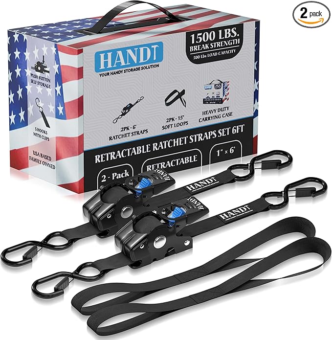 HandT USA Based Retractable Ratchet Straps 1in x 6ft by HANDT