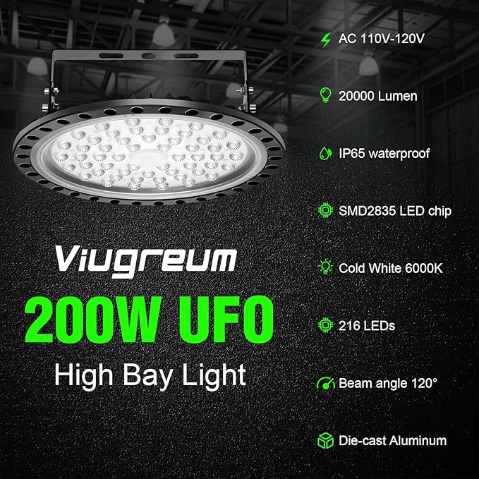 Viugreum 10 Pack 200W UFO LED High Bay Lights, 20000LM 6500K Daylight White - Image 7