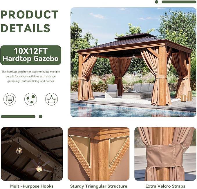Aoxun 10' x 12' Hardtop Gazebo, Wooden Finish Coated Aluminum Frame Canopy - Image 5