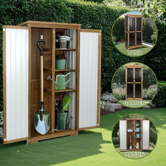 Outdoor Storage Cabinet Weatherproof, Wood & Metal Storage Shed - Image 4