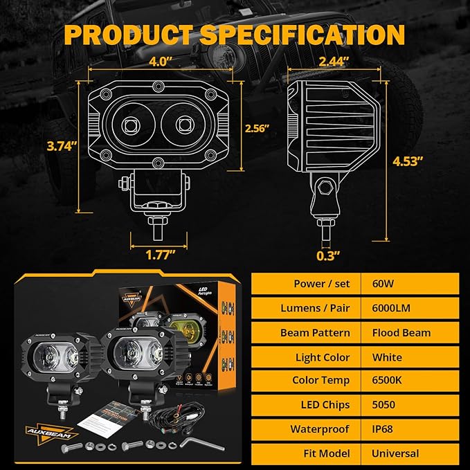 Auxbeam 4 Inch LED Light Pods, 60W Square Offroad Driving Light Super Bright - Image 4