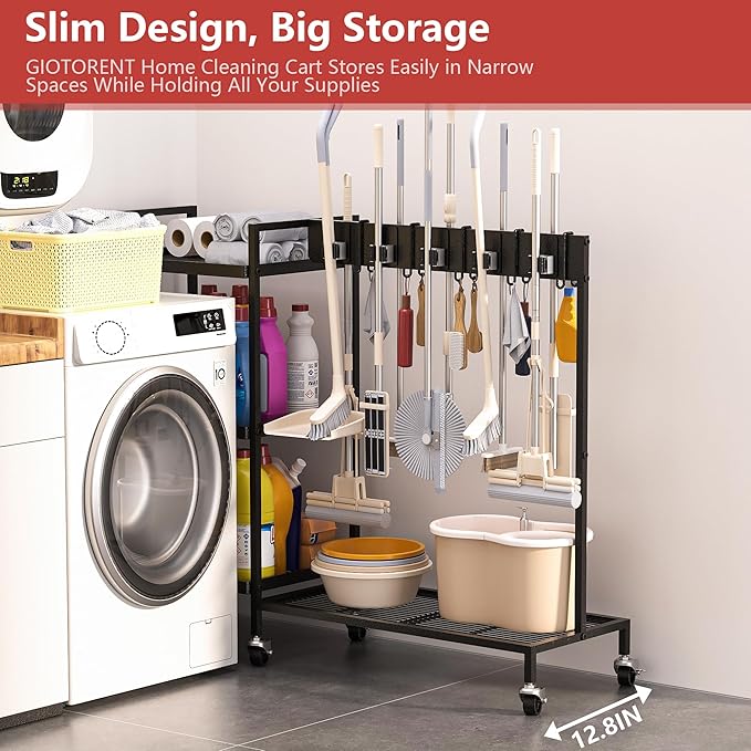 GIOTORENT Heavy Duty Metal Cleaning Cart - 300lb Capacity Rolling Broom Holder - Image 4