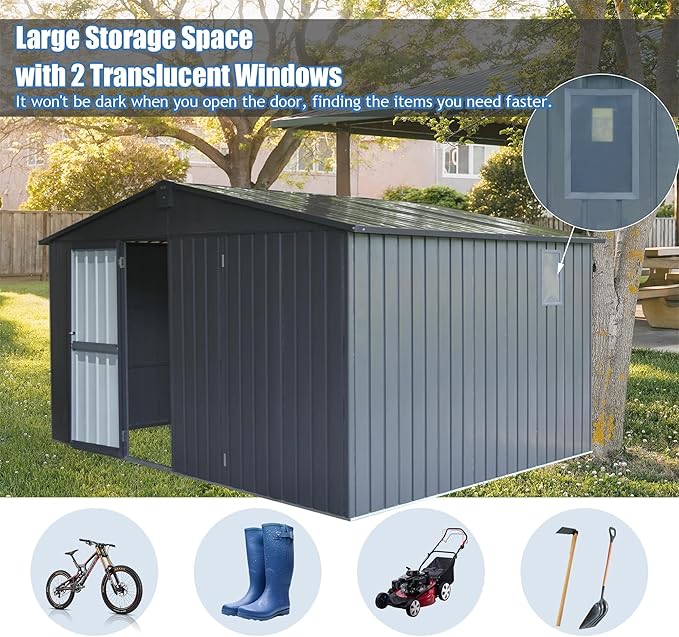 IKERY Large Galvanized Steel Storage Shed 11' x 9' - Image 3